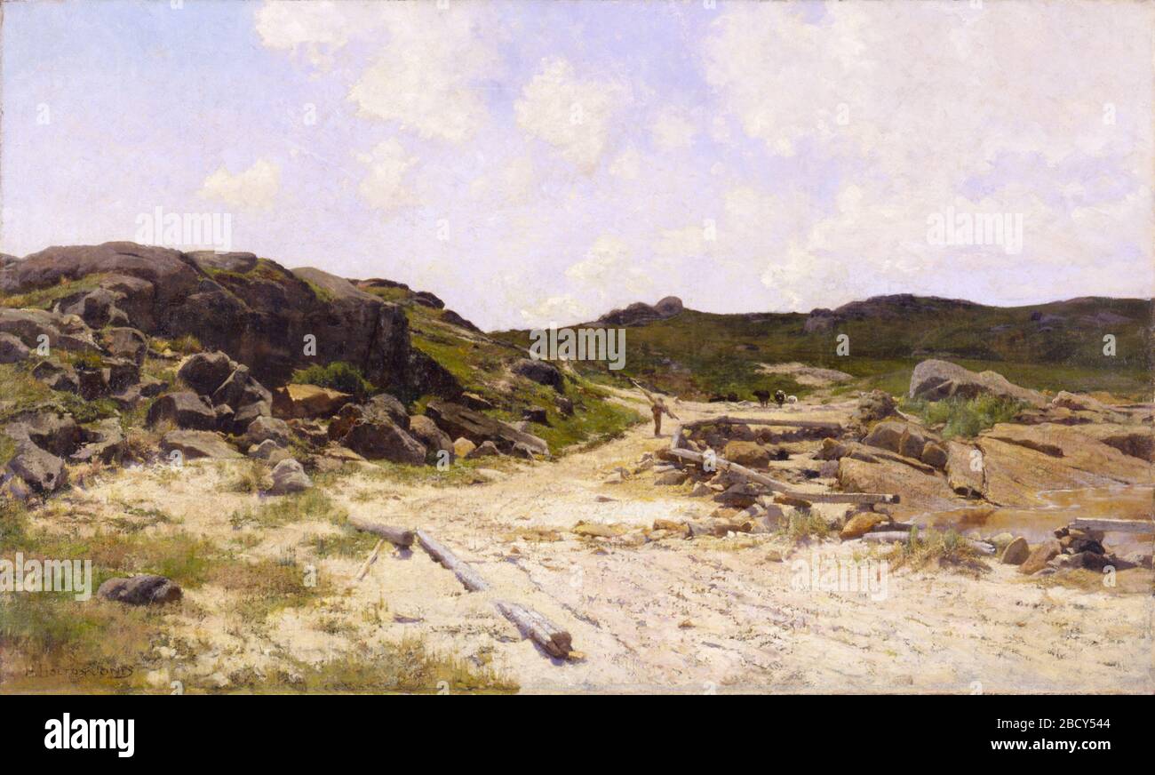 Lighthouse Beach Annisquam. Cette peinture montre une plage à Annisquam, un petit village sur la côte nord du Massachusetts. Hugh Bolton Jones a fait de nombreux voyages en Nouvelle-Angleterre dans les années 1880 et 1890, faisant des croquis et des notes pour ses peintures. Banque D'Images