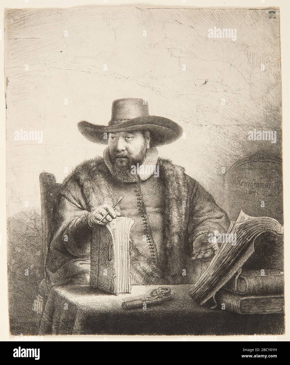 Portrait de Cornelis C Anslo. Recherche en ProgressPortrait d'Anslo, prêcher mennonite, assis à une table sur laquelle sont plusieurs grands livres. Il tient un instrument d'écriture et un livre, placé debout, dans sa main droite. Portrait de Cornelis C Anslo Banque D'Images