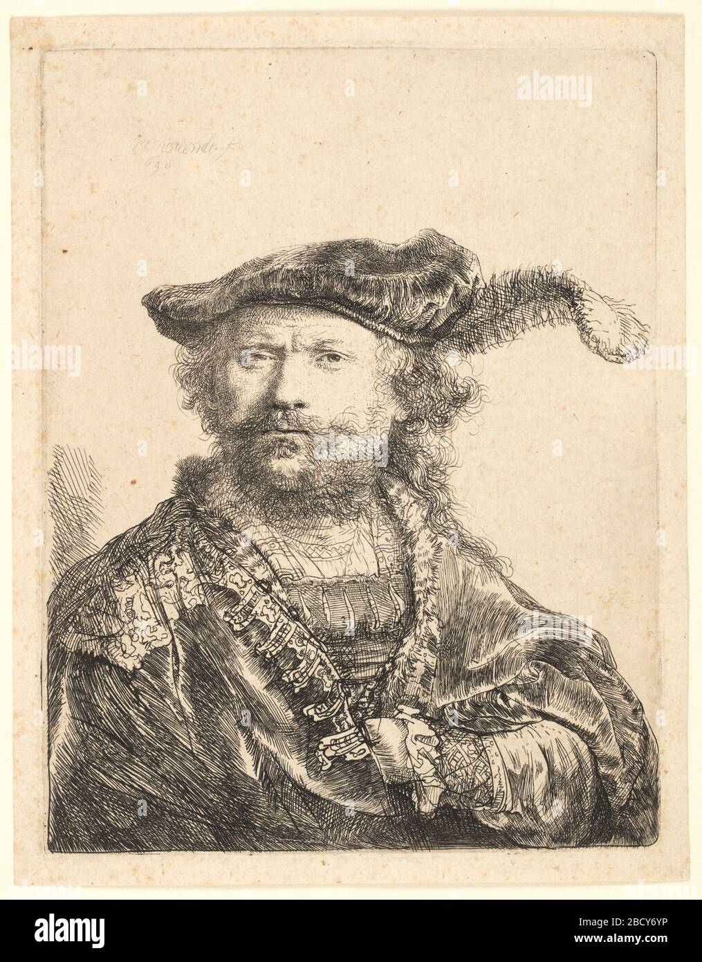 Autoportrait dans une casquette en velours avec Plume. Recherche en ProgressHalf-longueur portrait de l'artiste, tourné vers la droite, la tête face au spectateur, plein visage. Il porte une casquette en velours avec un panache, et un costume élaboré. Son bras gauche est visible. Autoportrait dans une casquette en velours avec Plume Banque D'Images