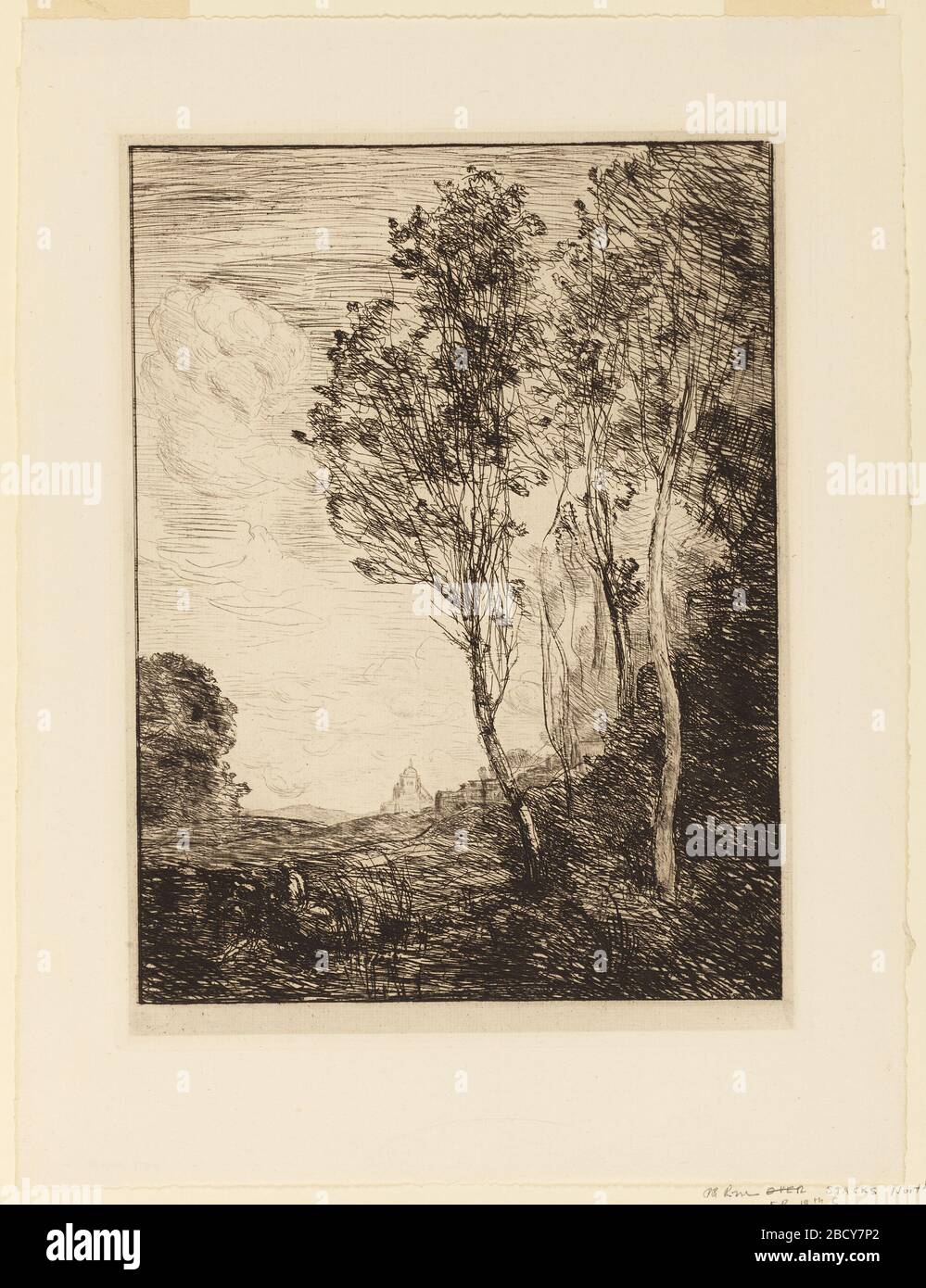 Souvenir dItalie. Recherche en ProgressBeyond trois arbres de plumes, à droite, une église est vue derrière une colline basse. Arbres, distance moyenne gauche. Une figure apparaît au centre gauche du premier plan Souvenir dItalie Banque D'Images