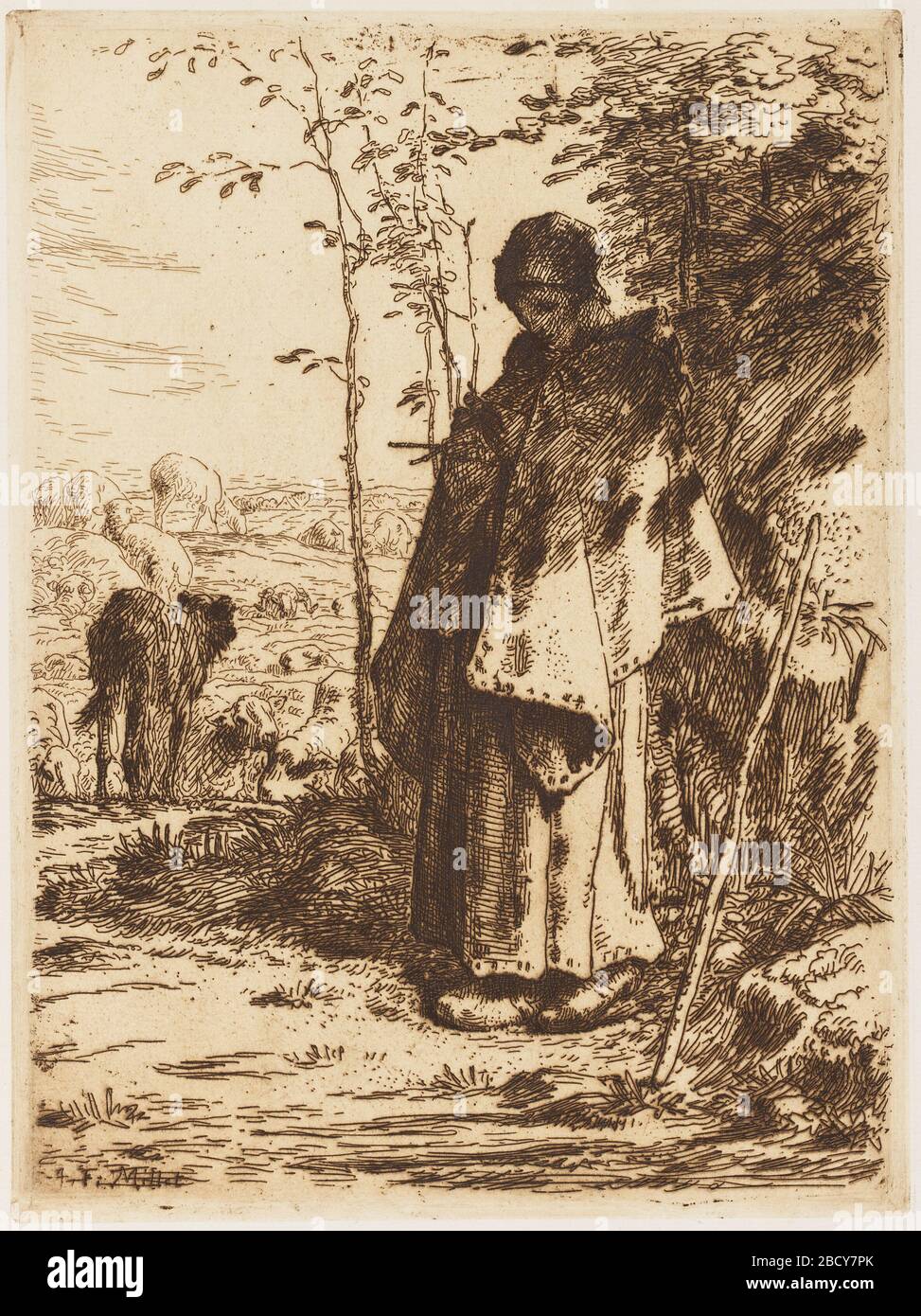 Tricot sans bergers. La recherche dans la bergers Progressa portant un long manteau, ou shawl, se tient près d'une banque, droite, intention sur son tricot. Le verglas des moutons à gauche et au-delà est un paysage ouvert. Tricot sans bergers Banque D'Images