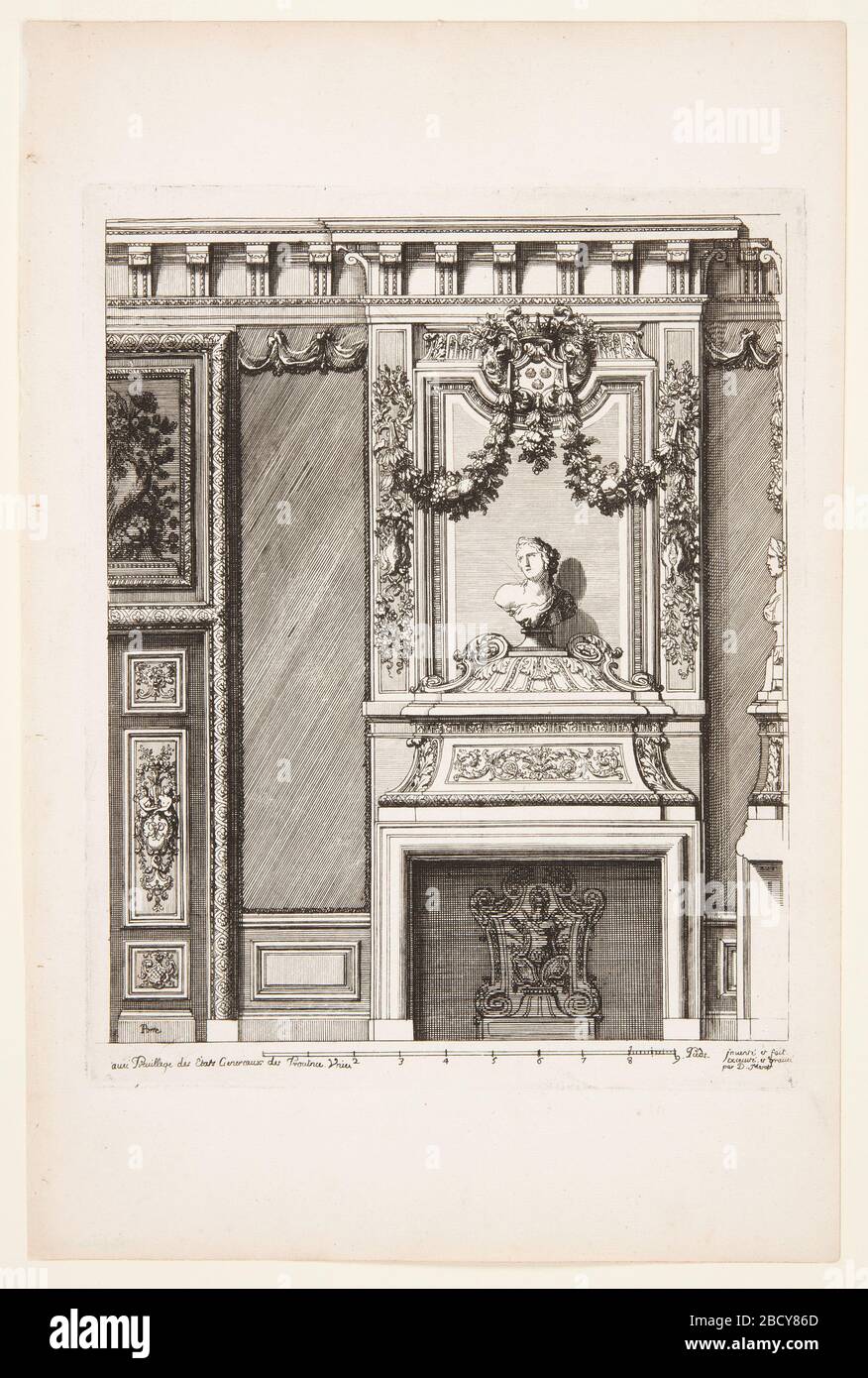 Escalier du palais de Voorst. Recherche en ProgressDesign pour une mantlepièce ornée. Sur la mantlepiece se trouve un buste de la tête d'une femme tournée à gauche et des guirlandes ornementales. Le panneau situé à côté de la pièce de mantlepart est également doté d'un moulage décoratif. Escalier du palais de Voorst Banque D'Images
