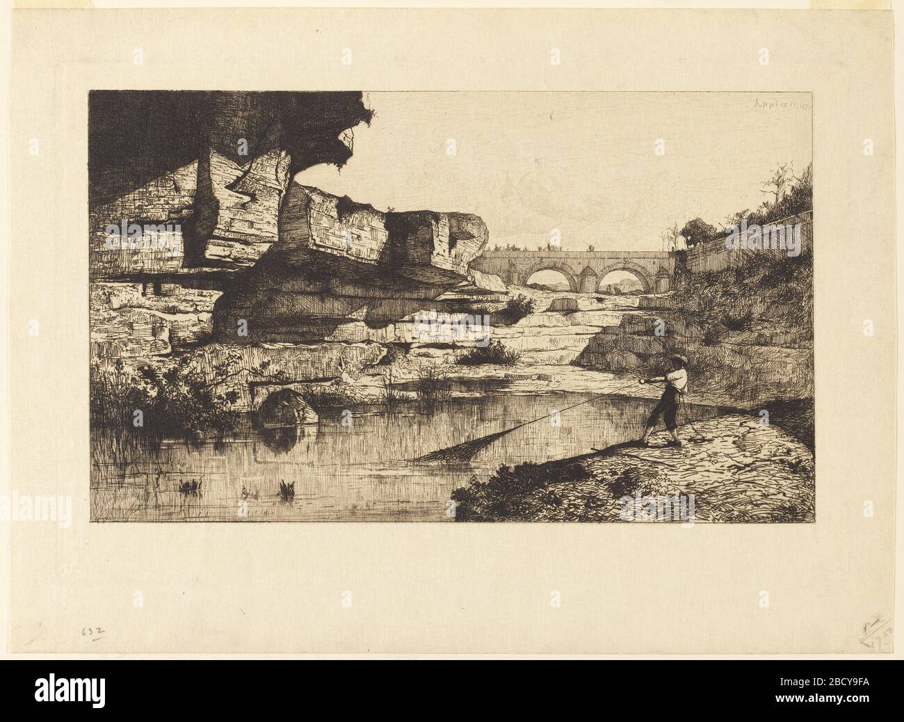 Pont de Hauteville. Recherche dans ProgressLandscape avec une rivière qui traverse le premier plan et à la distance. Sous l'ombre de grandes roches, un pêcheur transporte dans un grand filet. En arrière-plan, des figures, certaines à cheval, traversent un pont en pierre à double arqué. Pont de Hauteville Banque D'Images