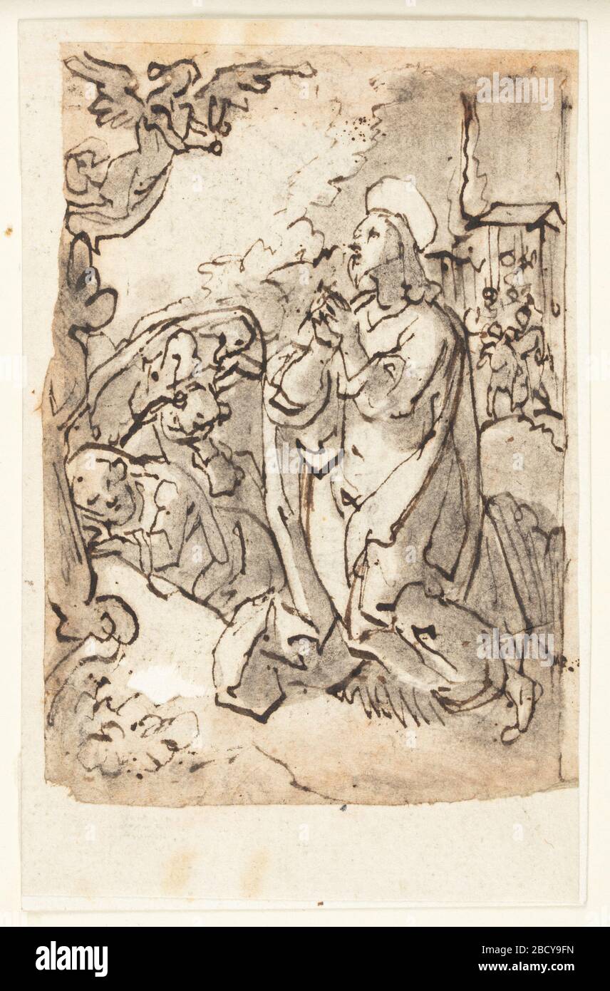 Agonie dans le jardin. Recherche en progression l'ange apparaît dans le coin supérieur gauche. Les Apôtres, dormant, sont affichés dans le plan central gauche. Les soldats entrent dans le bosquet dans le bon arrière-plan. Agonie dans le jardin Banque D'Images