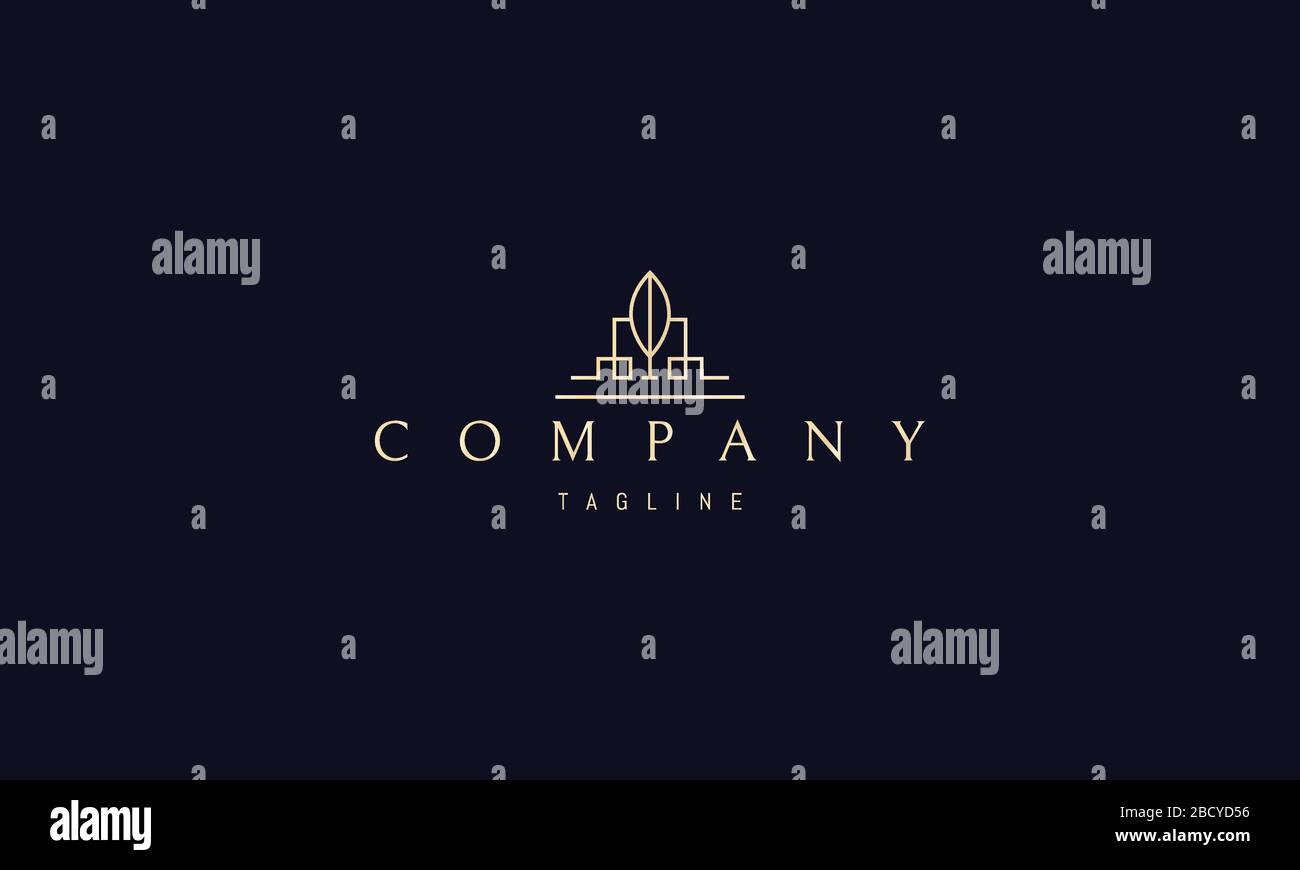 Logo vectoriel doré sur lequel une image abstraite d'une feuille et d'une maison. Illustration de Vecteur