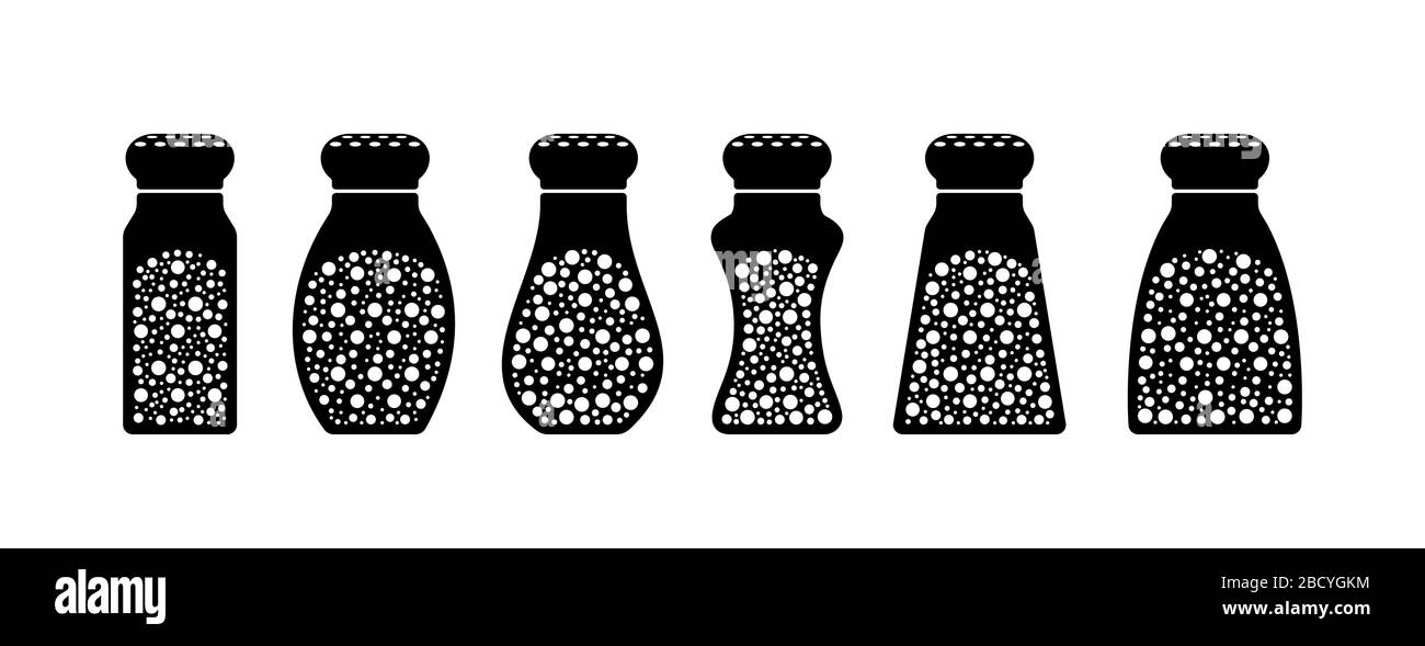 Mettez avec des shakers au sel et au poivre. Icônes de bouteilles d'épices noires isolées sur fond blanc. Illustration vectorielle. Illustration de Vecteur