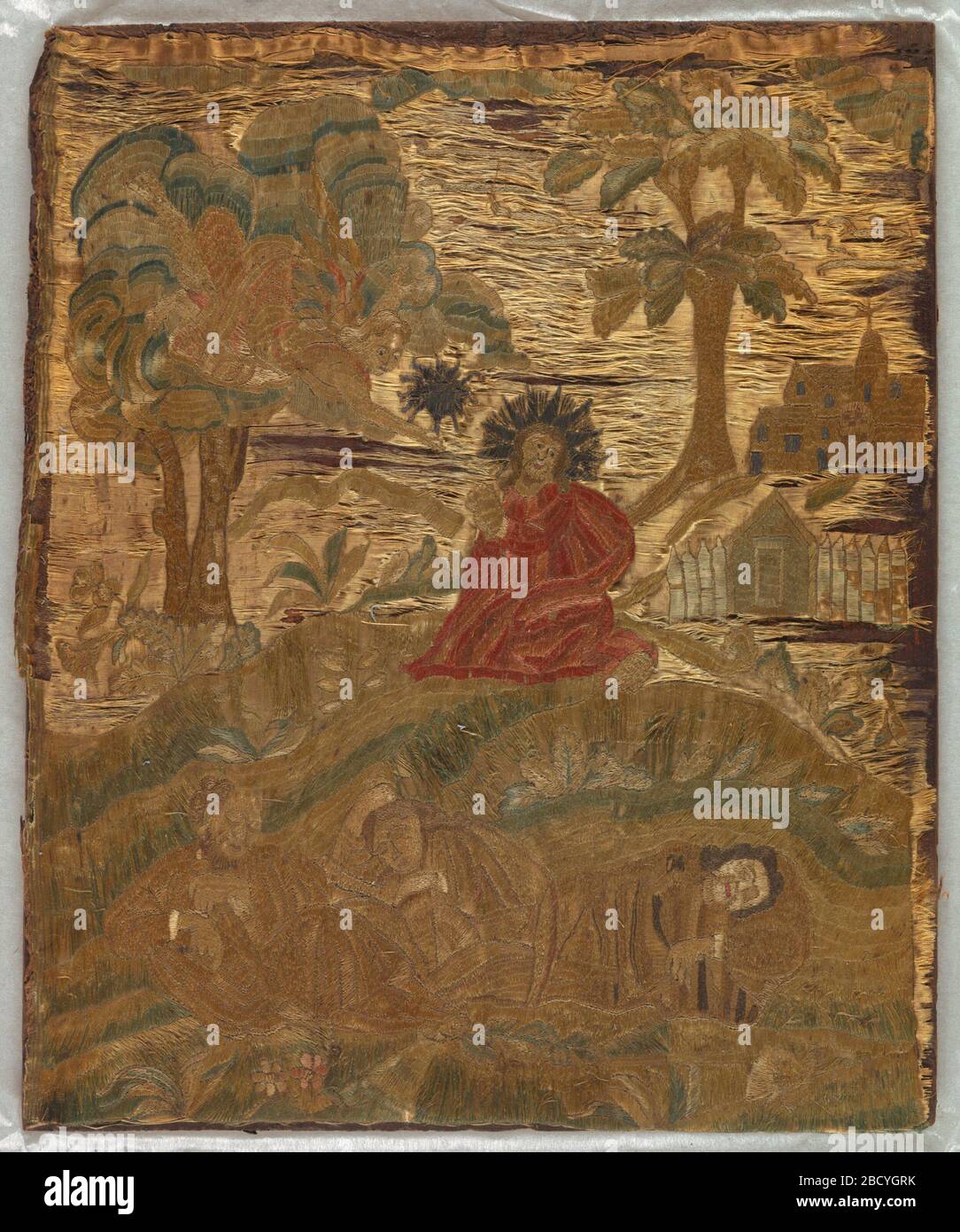 Photo brodée. Recherche en ProgressRectangle image brodée montrant Christ priant dans le jardin de Gethsemane à la veille de sa crucifixion. Trois apôtres endormis en premier plan, un ange se déplace au-dessus de pétrir le Christ dans le milieu du sol. Arbres et bâtiments en arrière-plan. Photo brodée Banque D'Images