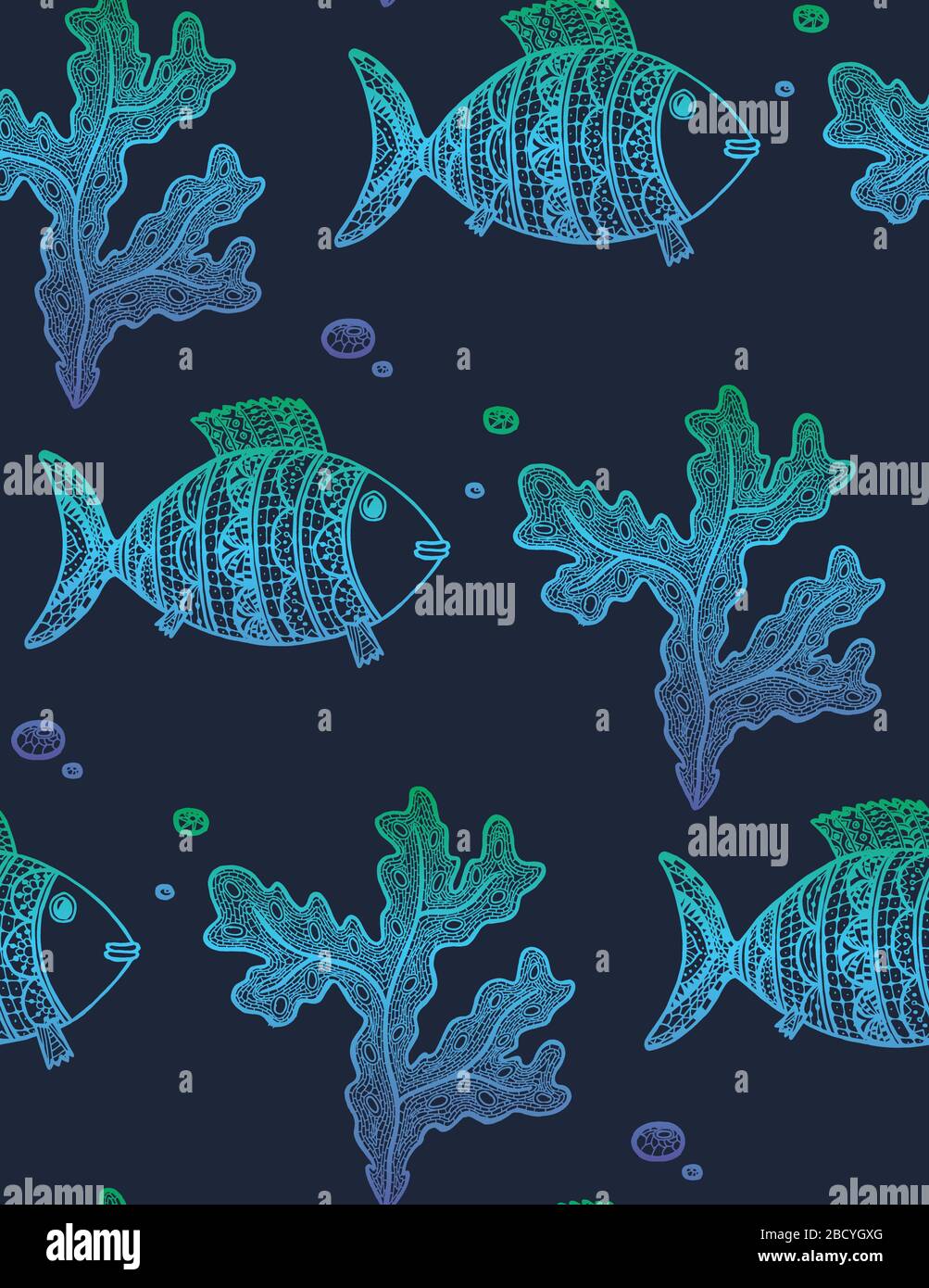 Illustration vectorielle avec algues de gradient tracées à la main et poissons sur fond bleu foncé. Modèle marin sans soudure avec algues, poissons et bulles Illustration de Vecteur