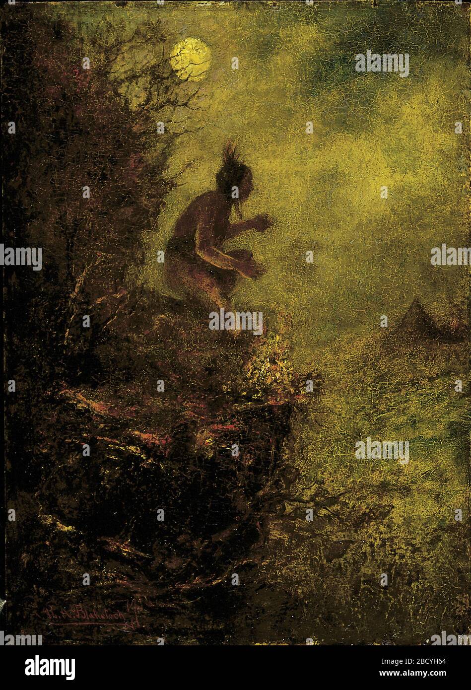 Le signal incendie. Ralph Albert Blakelock a voyagé l'Ouest américain entre 1869 et 1872 pour esquisser des paysages et des peuples autochtones. Après son retour, il a continué à peindre des images occidentales inspirées de ce voyage. Banque D'Images