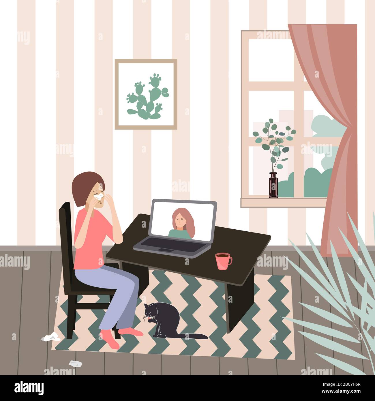 Pleurer une femme assise à sa réception devant son ordinateur portable ayant un appel en ligne avec son thérapeute. Illustration vectorielle Illustration de Vecteur