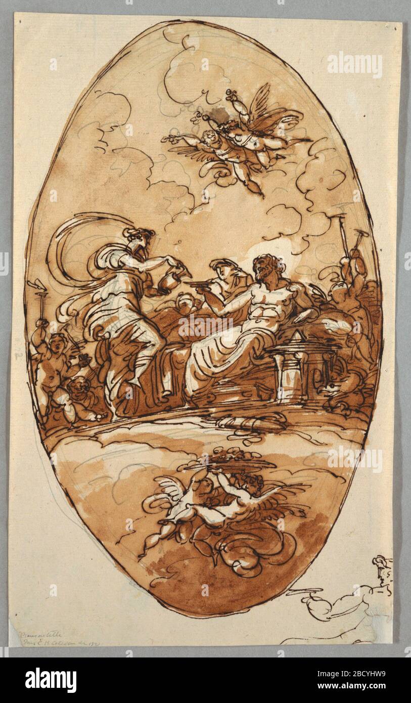 Hebe propose un verre à Zeus. Recherche en progression dieu étend sa main droite avec bol vers Hebe, qui verse l'ambrosia avec les deux mains du pichet. Juno apparaît à côté de Zeus. Putti avec des trompettes debout autour. Ci-dessus sont le putti volant avec des fleurs, en dessous de deux putti support plat avec des fruits. Hebe propose un verre à Zeus Banque D'Images