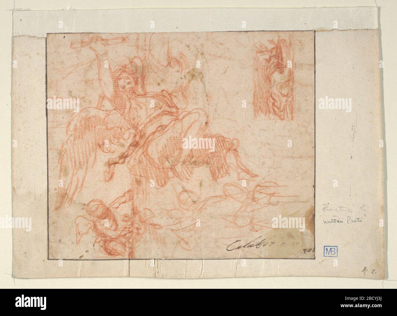 Angel volant et autres figures. Recherche dans ProgressCentral figure avec de grandes ailes atteignant un objet dans sa main. En bas à droite, une esquisse plus petite d'un puto ailé. Angel volant et autres figures Banque D'Images