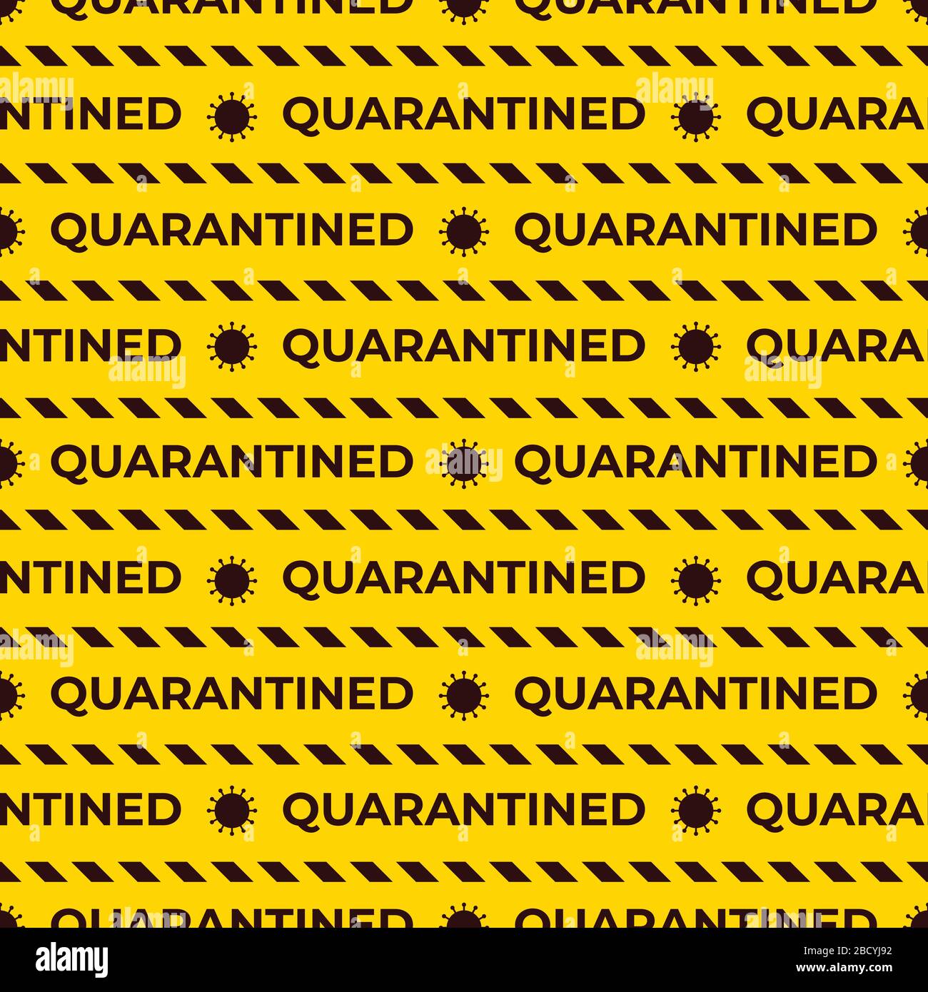 Motif vectoriel transparent mis en quarantaine avec rubans rayés. Symbole coronavirus. Couleur jaune et noire. Texture d'avertissement de surface de conception avec texte. Illustration de Vecteur