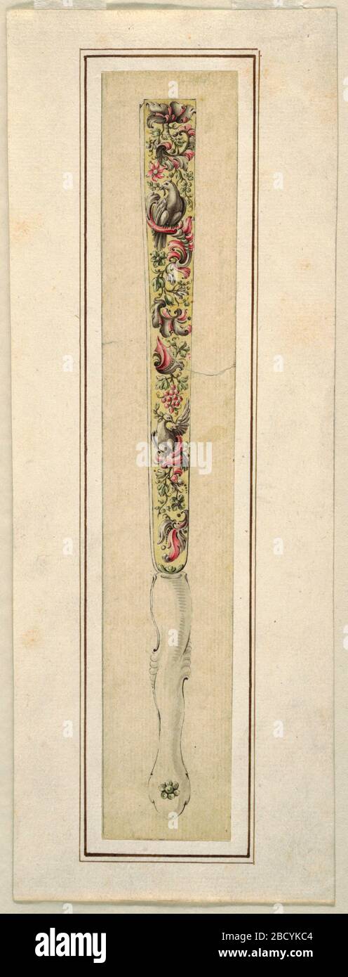 Conception d'un ventilateur fermé. La recherche sur le bord ProgressVisible inclut le design avec le motif végétal global, entrecoupé de deux oiseaux. La poignée du ventilateur est principalement non décorée, avec une petite fleur en bas. Conception d'un ventilateur fermé Banque D'Images