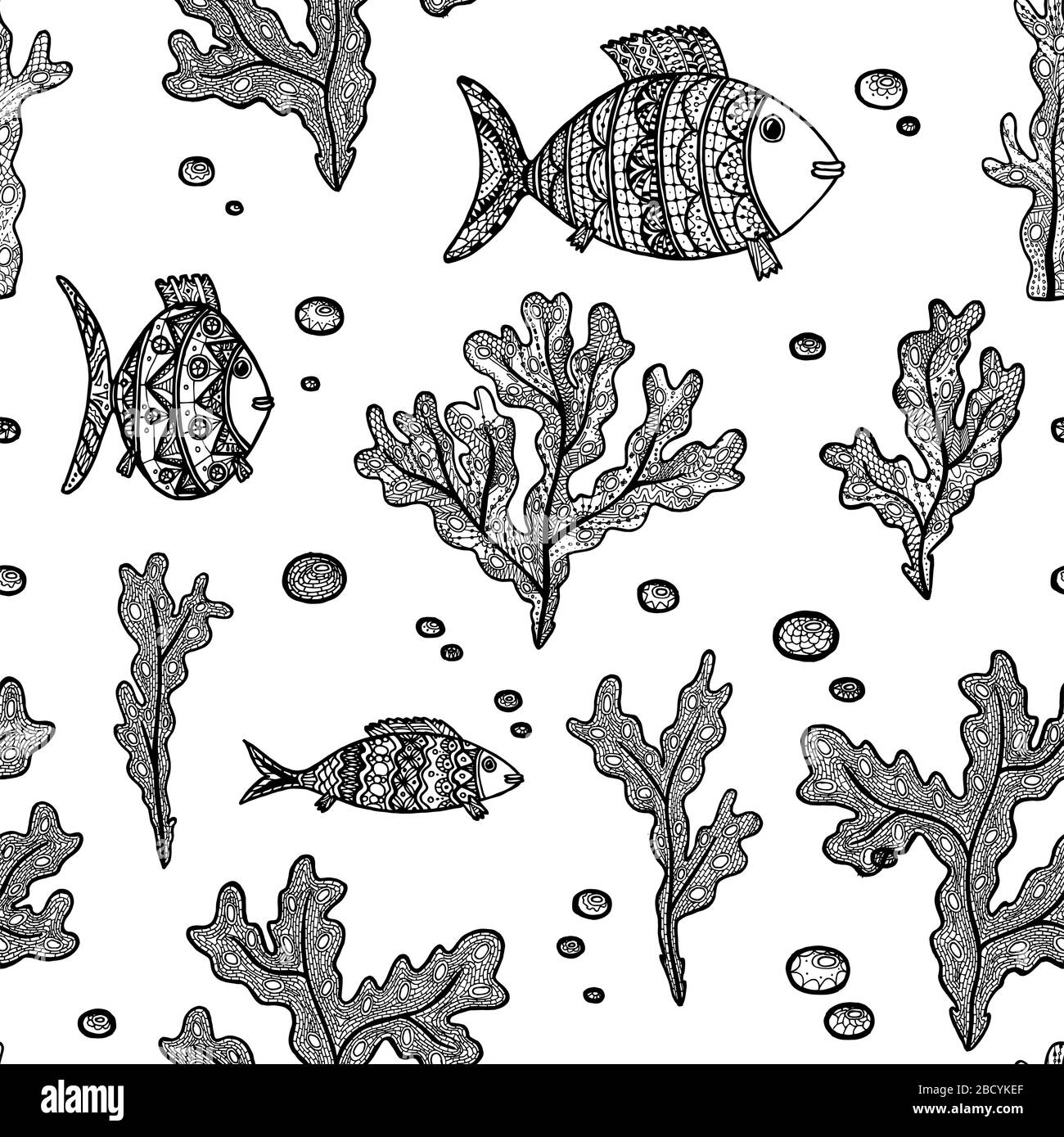 Illustration vectorielle avec des algues d'esquisse et des poissons sur fond blanc. Modèle marin sans soudure avec algues, poissons et bulles. Livre de pages de coloriage an Illustration de Vecteur