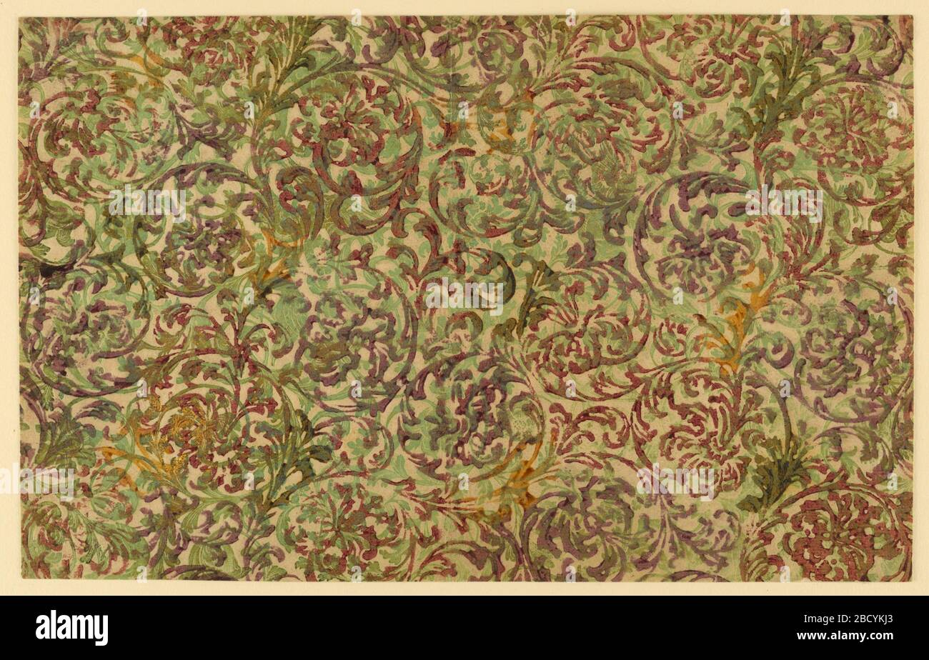 Livre blanc néerlandais Recherche sur ProgressPattern de motifs botaniques curvilignes dans des encres vert clair, vert foncé, violet et moutarde; traces d'or spiralé; papier gaufré par des procédés de bloc de bois et/ou de pochoir. Livre blanc néerlandais Banque D'Images