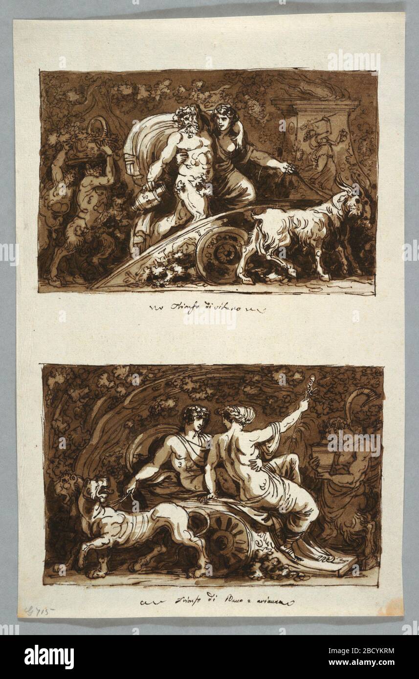 Feuille d'un Esquissebook Triumph de Silenus et Triumph de Bacchus et Ariadne. Image supérieure: Silenus debout dans un char soutenu par un Maenad tenant les rênes des chèvres. Les satyres suivent le transport d'un basketfull de vin.image inférieure: Bacchus et Ariadne sont assis dans un chariot dessiné par des panthers. Les satyres le suivent. Feuille d'un Esquissebook Triumph de Silenus et Triumph de Bacchus et Ariadne Banque D'Images