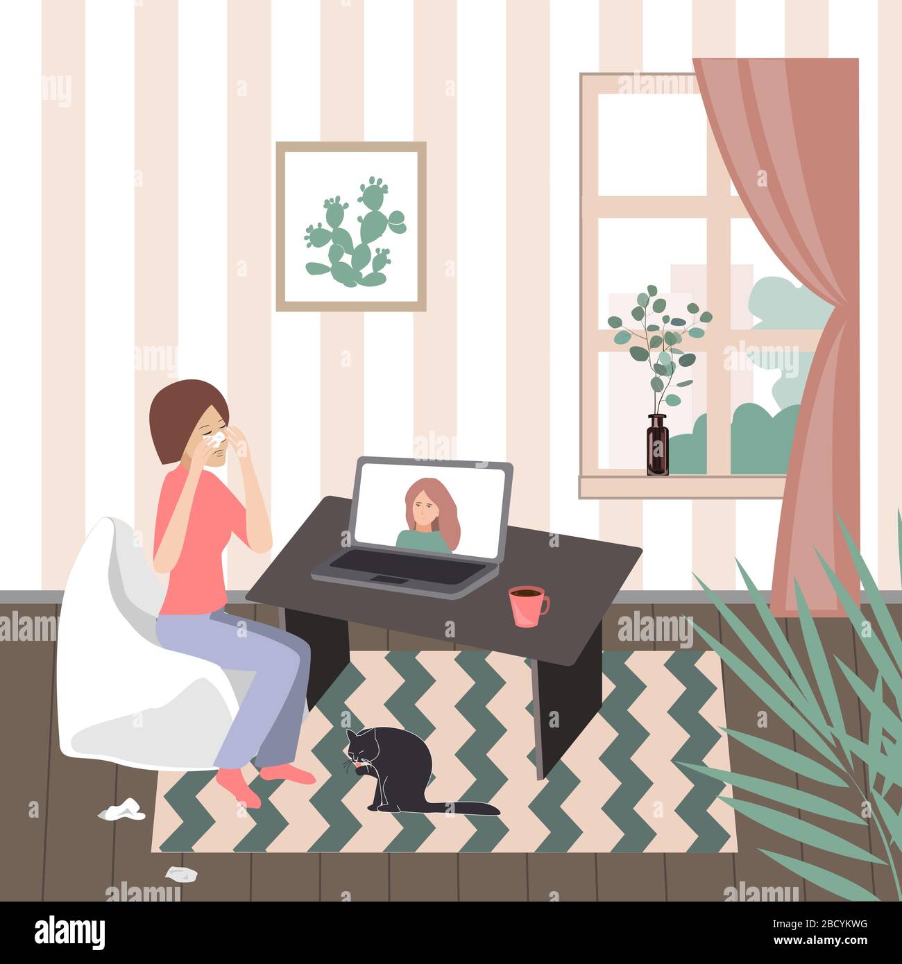 Pleurer une femme assise à sa réception devant son ordinateur portable ayant un appel en ligne avec son thérapeute. Illustration vectorielle Illustration de Vecteur