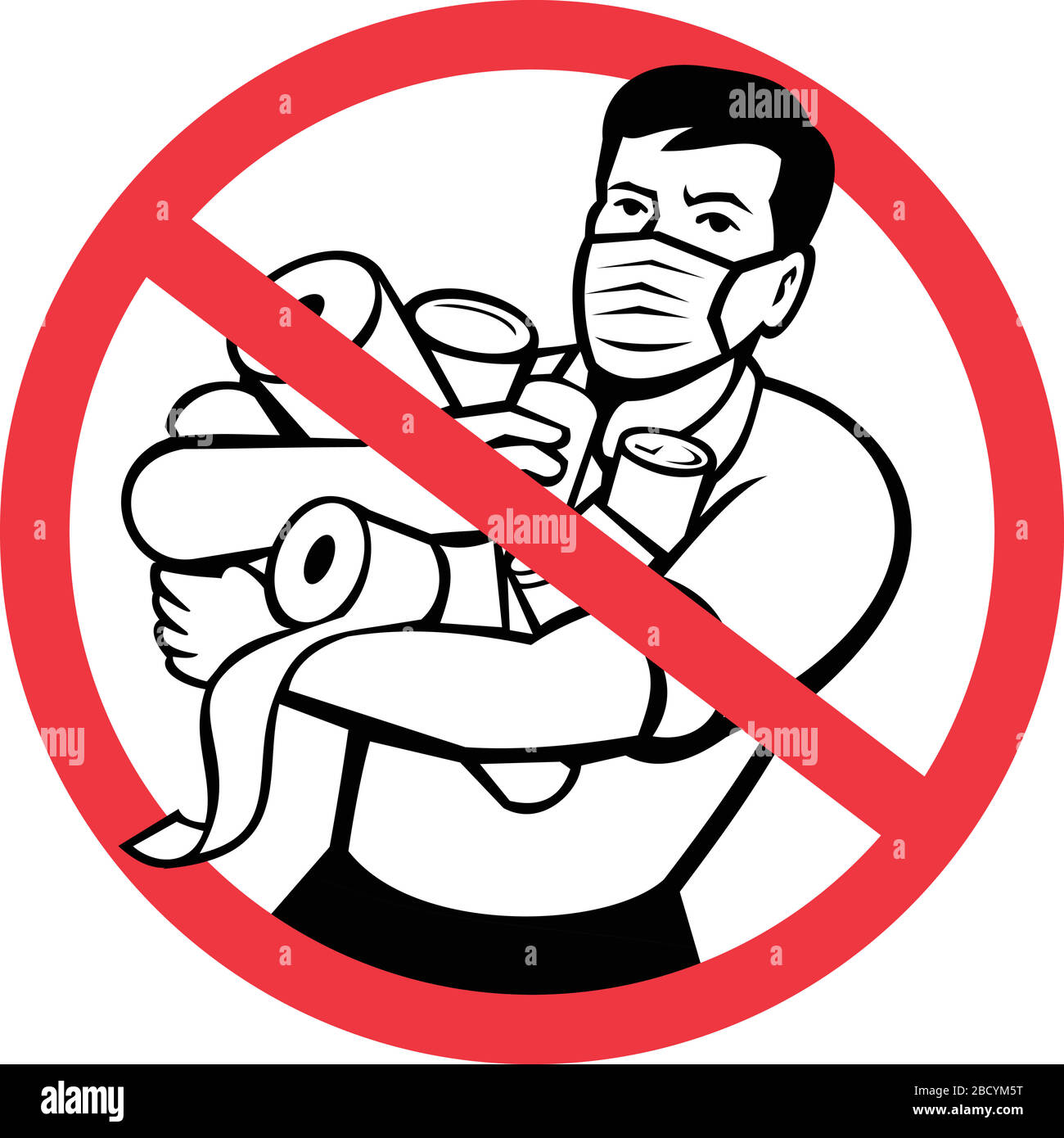 Icône style rétro illustration du signe ou symbole de l'arrêt de l'achat de panique montrant un client mâle achetant du papier toilette et des produits en conserve pendant le verrouillage de l'est Illustration de Vecteur