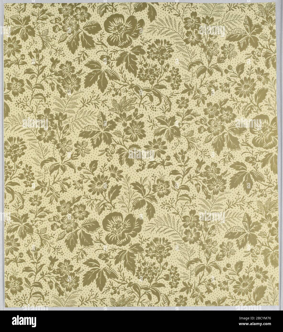 Flanc. Motif esthétique tout-en-un avec fleurs stylisées et feuilles éparses sur sol en pointillés ; motifs formant une répétition en forme de losange dans des colonnes hors jeu ; couleur marron sur crème. Flanc Banque D'Images