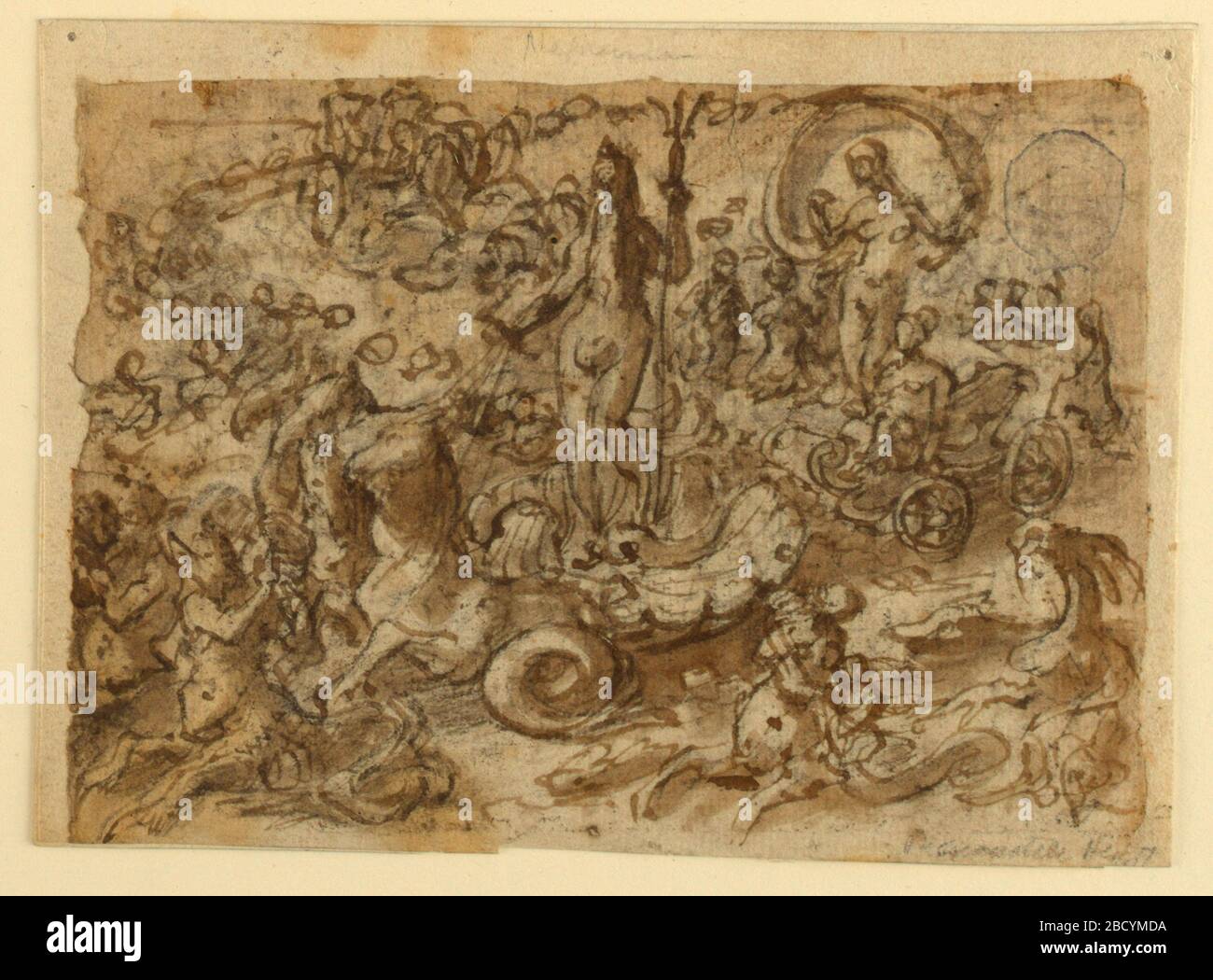 Recto Neptune dans son Chariot tiré par des chevaux d'eau peut-être une étude pour la série Americae Retectio print Verso inscription largement obscurci. Recherche à ProgressNeptune avec son triton debout sur un char composé d'une coquille de mer dessinée par deux chevaux de mer. Des chevaux de mer et des mermaids entourent le char. Recto Neptune dans son Chariot tiré par des chevaux d'eau peut-être une étude pour la série Americae Retectio print Verso inscription largement obscurci Banque D'Images