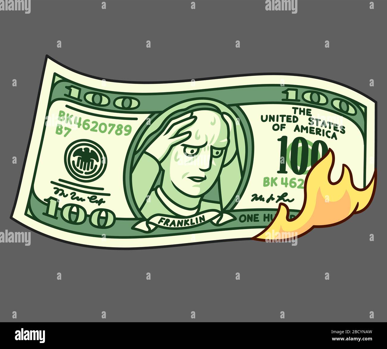 Dessin animé tiré à la main de 100 dollars sur le feu avec Franklin tenant la tête dans les mains. Crise financière, perte d'argent, crise économique. Clip vectoriel isolé art Illustration de Vecteur