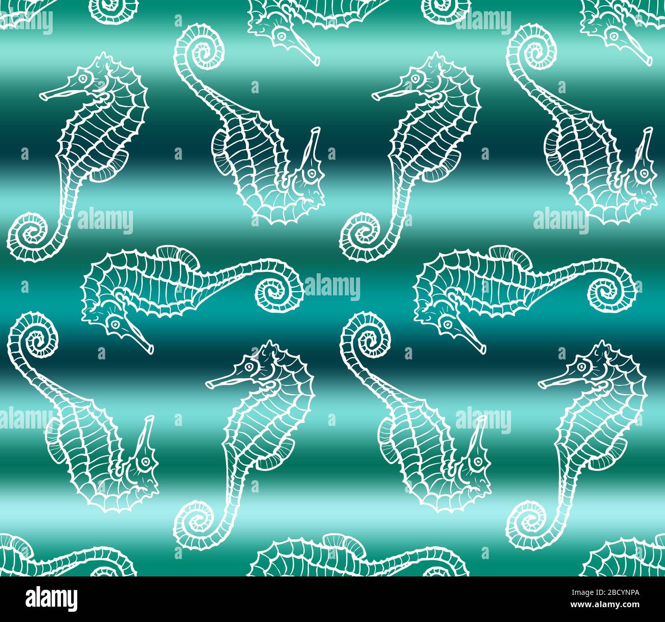 Illustration vectorielle de l'hippocampe blanc sur fond de l'onde de mer à gradient vert. Motif sans couture avec dragon de mer dessiné à la main Illustration de Vecteur