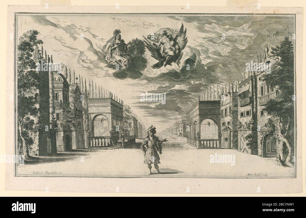 Act 5 scène 1 pour il Pomo Doro. Recherche dans le rectangle Progresshorizontal. Une seule figure est visible au centre de l'avant de la scène. Maisons et jardins de chaque côté, et une vue large dans le centre. Jupiter et Juno sur un nuage. Ci-dessous, noms des artistes. Act 5 scène 1 pour il Pomo Doro Banque D'Images