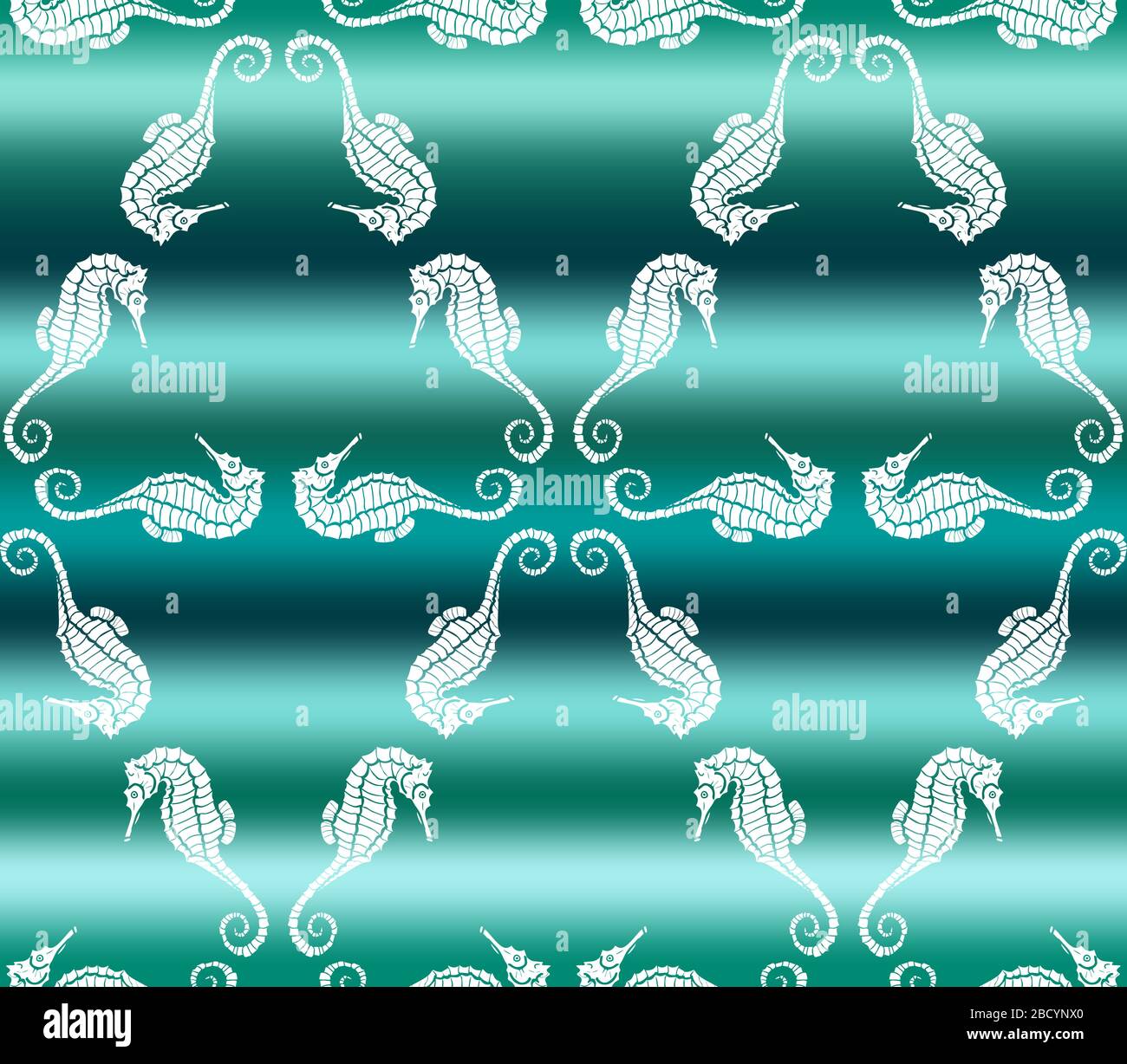 Illustration vectorielle de l'hippocampe blanc sur fond de l'onde de mer à gradient vert. Motif sans couture avec dragon de mer dessiné à la main Illustration de Vecteur