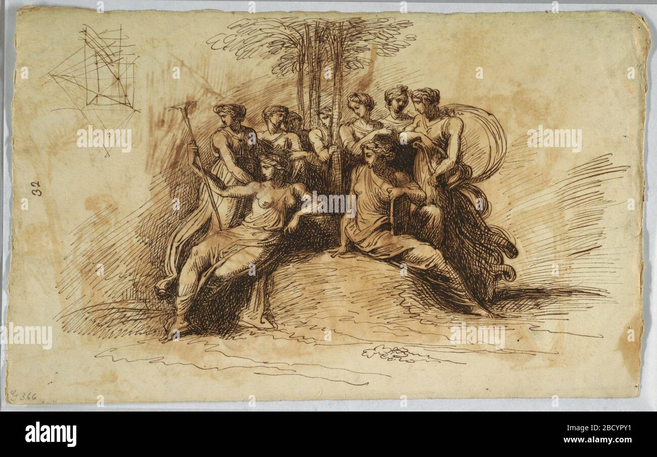 Selfportrait de Felice Giani recto Muses assis sous un arbre. Recherche en ProgressRecto: Groupe de figures féminines d'inspiration classique dans la draperie libre se rassemblent et s'assoient autour d'un grand rocher et de plusieurs arbres au centre du compositionVerso: Portrait mi-long d'un homme portant un chapeau et une veste avec col assis penchant sur le rail supérieur Selfportrait de Felice Giani recto Muses assis sous un arbre Banque D'Images