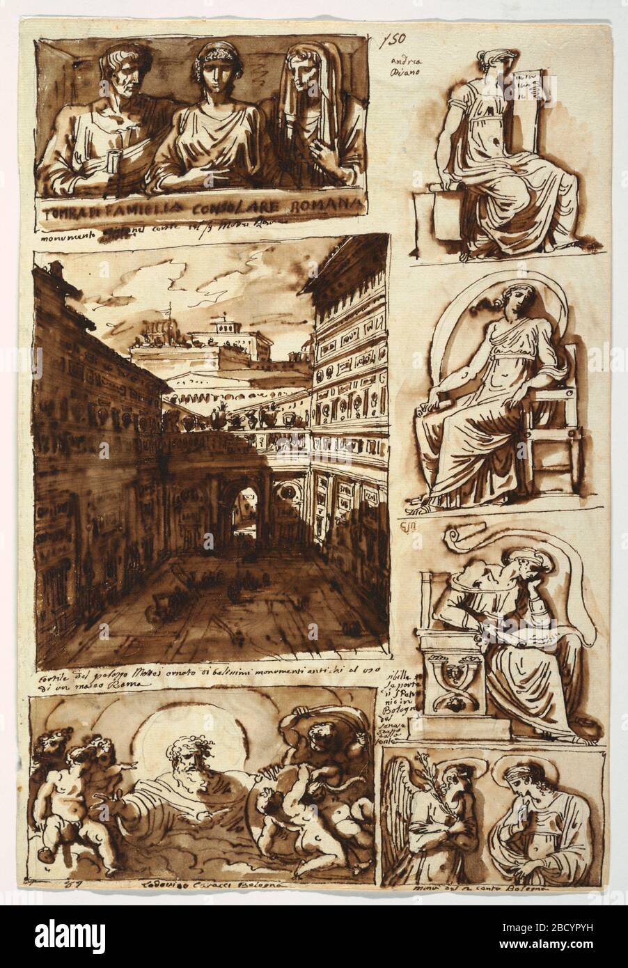 Diverses œuvres d'art le tribunal du Palazzo Mattei à Rome. Recherche en ProgressRecto: Ligne droite: Trois Sibyls; inscription à l'encre 'andrea/Pisano' et 'Sibille su/ le porte/ di S. Petro/ nio in/ Bologna/ del/ senese/ detto/ della/ fonte'. Diverses œuvres d'art le tribunal du Palazzo Mattei à Rome Banque D'Images