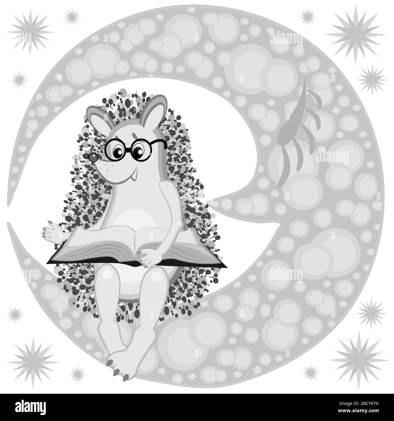 Illustration pour enfants, vecteur - hérisson dans les verres lit un livre assis sur la lune. Ciel nocturne, étoiles, lecture, passion, intérêt, connaissance Illustration de Vecteur