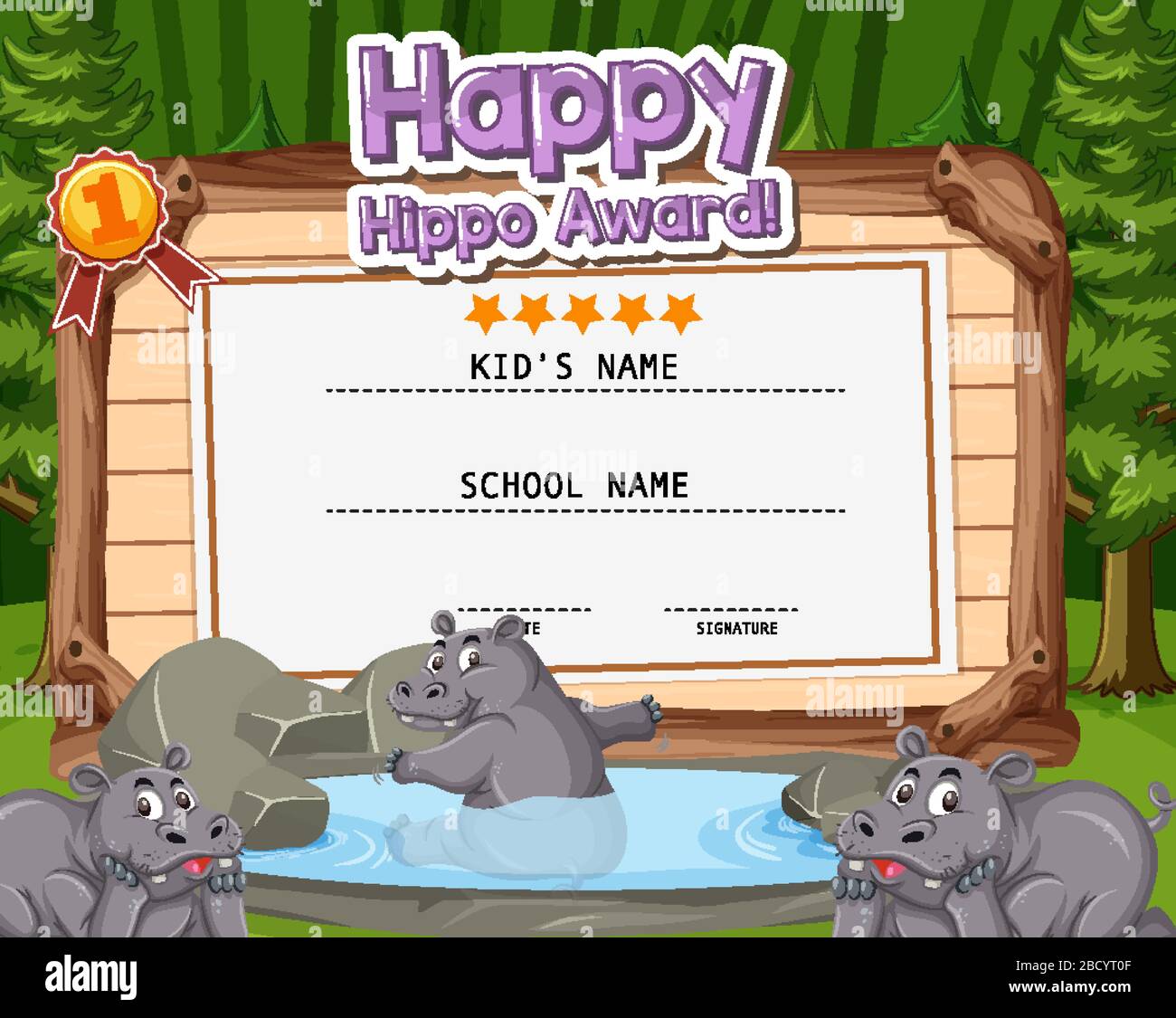 Modèle de certificat pour le Happy Hippo Award avec hippos dans l'illustration de la jungle Illustration de Vecteur