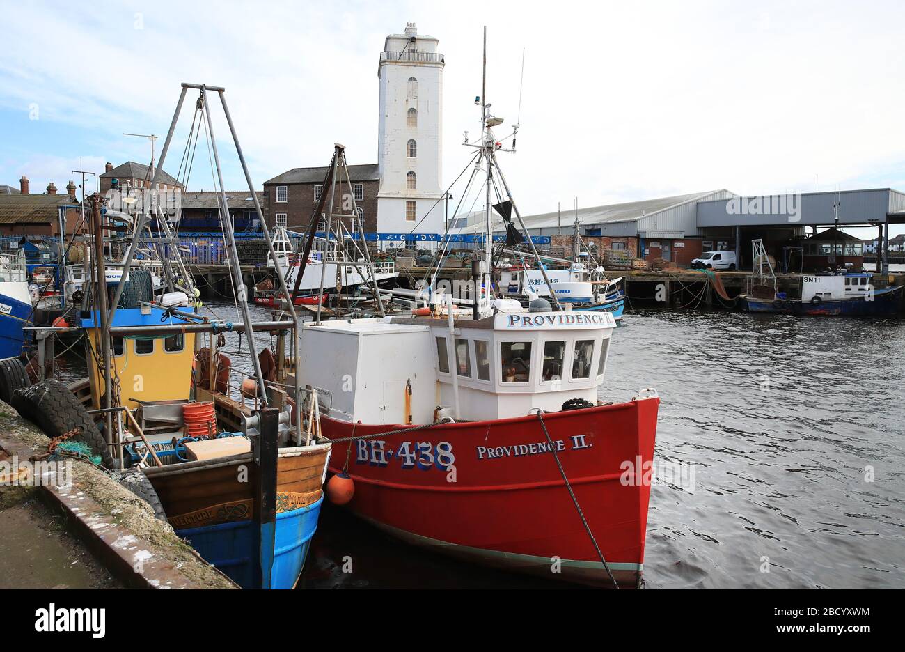 Bateaux de pêche à North Shields Fish Quay sur la rive de la Tyne dans le nord-est de l'Angleterre. Avec les marchés d'exportation vers l'Europe et la Chine ruinés, les restaurants et les Chippies fermés, l'hospitalité fermée et de nombreux supermarchés qui n'ont pas de personnel de leurs comptoirs de pêche, les skippers ont décidé de garder leurs navires attachés. Banque D'Images