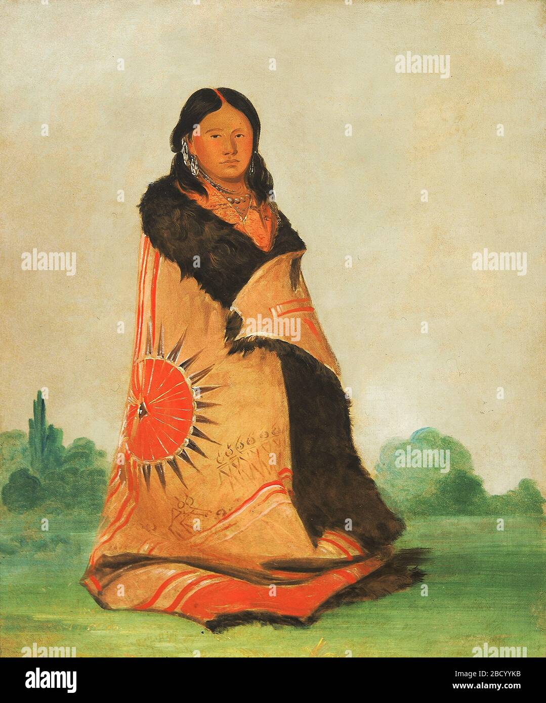 Mongshngsha Bending Willow épouse du grand chef. « J'ai visité le wigwam de [Grand Chef]. Plusieurs fois, » écrivait George Catlin, « et j'ai vu ses quatre petites femmes modestes assis autour du feu, où tout semblait s'harmoniser très bien.. J'ai sélectionné [Bending Willow]. Pour son portrait, et je l'ai peint. Banque D'Images