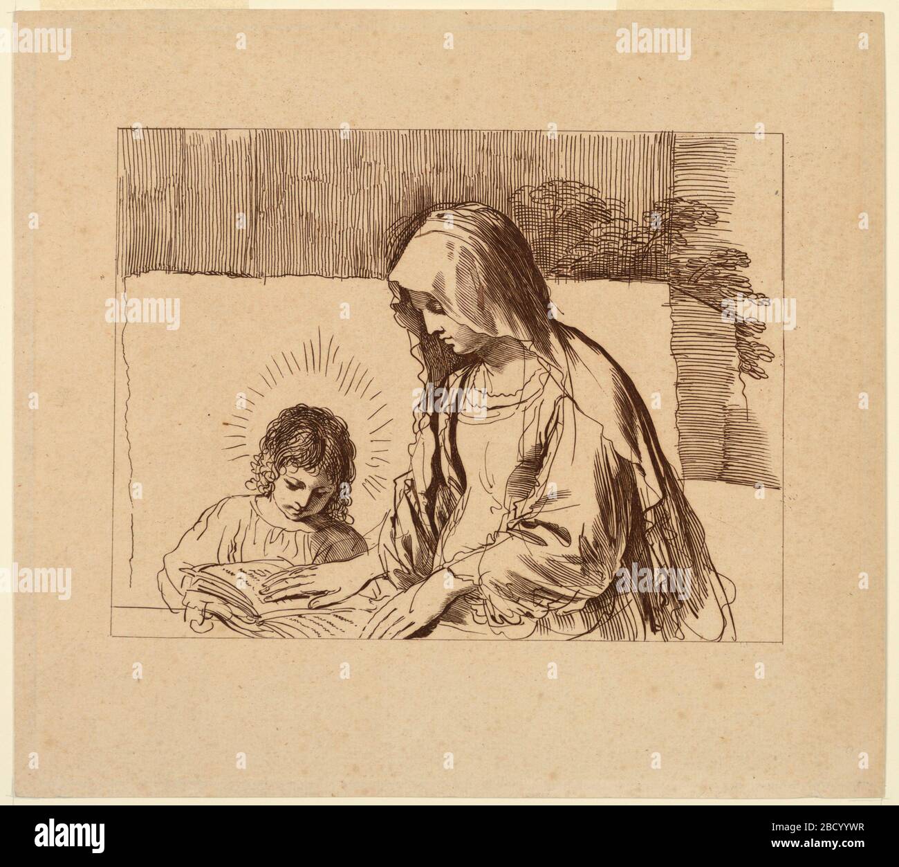 La Vierge enseigner le bébé Jésus. Recherche en progression le bébé assis à une table, à gauche, sa mère à droite. Elle tient un livre ouvert avec les deux mains pour lui de voir. Il fait face à la frontale, la Vierge dans le profil. Plantes visibles sur un mur arrière. La Vierge enseigner le bébé Jésus Banque D'Images