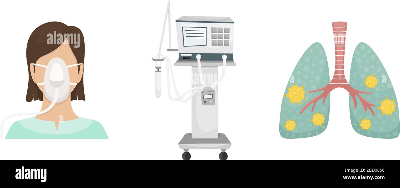 Le patient est allongé à l'hôpital sur un ventilateur. Combattre le coronavirus. Ventilateur, poumons avec covid-19 Illustration de Vecteur