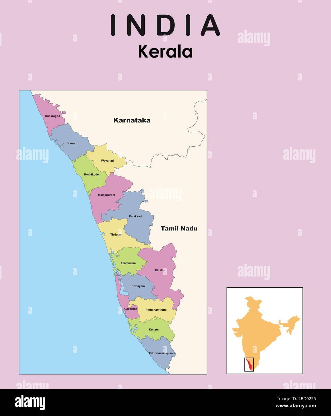 Carte de Kerala. Illustration vectorielle de la carte colorée de district de Kerala avec frontières. Illustration de Vecteur