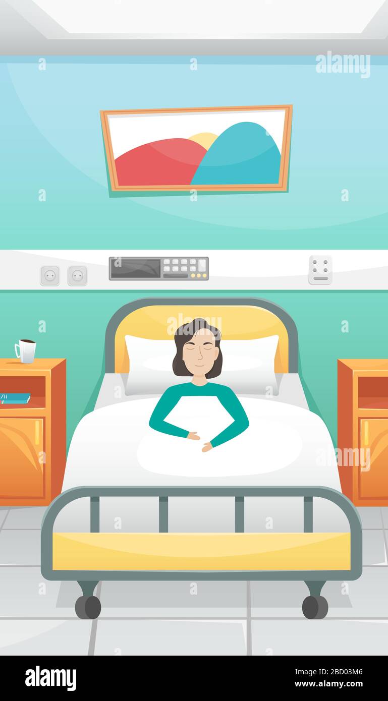 Chambre d'hôpital avec lit et tables de chevet. Hôpital confortable. Le patient est allongé dans le lit. Lutte contre le coronavirus dans les hôpitaux. Illustration de Vecteur