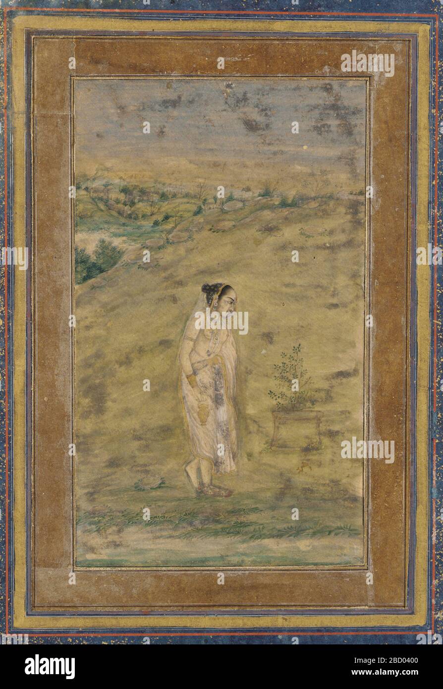 ; Inde ; début du XVIIe siècle ; couleur, or et argent sur papier ; H x l : 17,3 x 10,3 cm (6 13/16 x 4 1/16 po) ; Don de Charles Lang freer une fille au bord de l'eau Banque D'Images