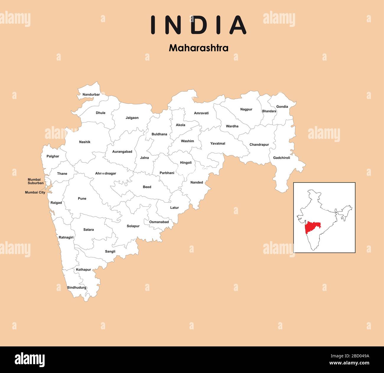 Carte Maharashtra avec couleur de contour. Carte Maharashtra sans couleur. Maharashtra map 2019. Tous les quartiers de Maharashtra. Illustration de Vecteur