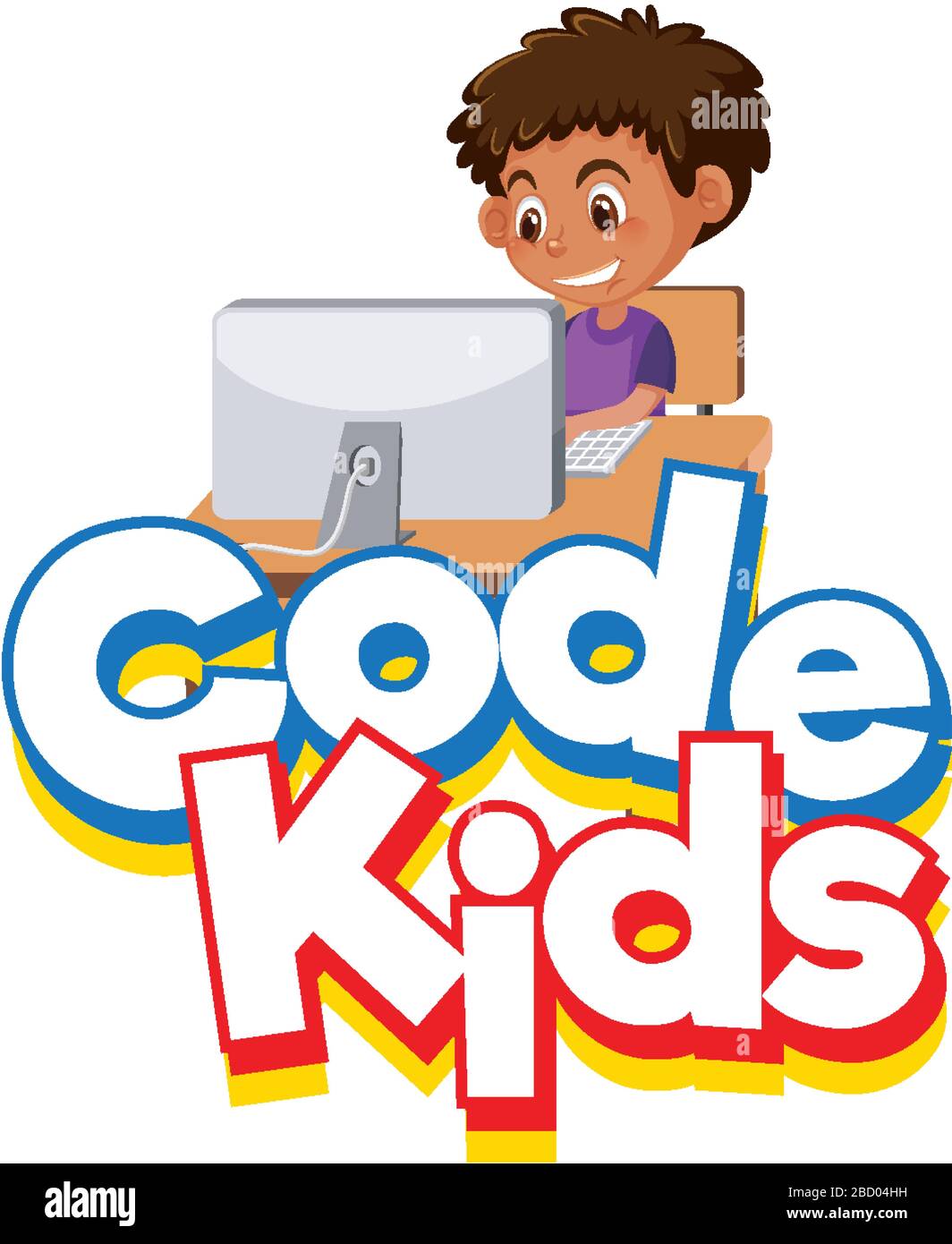 Conception de police pour les enfants de code de mot avec garçon travaillant sur l'illustration d'ordinateur Illustration de Vecteur
