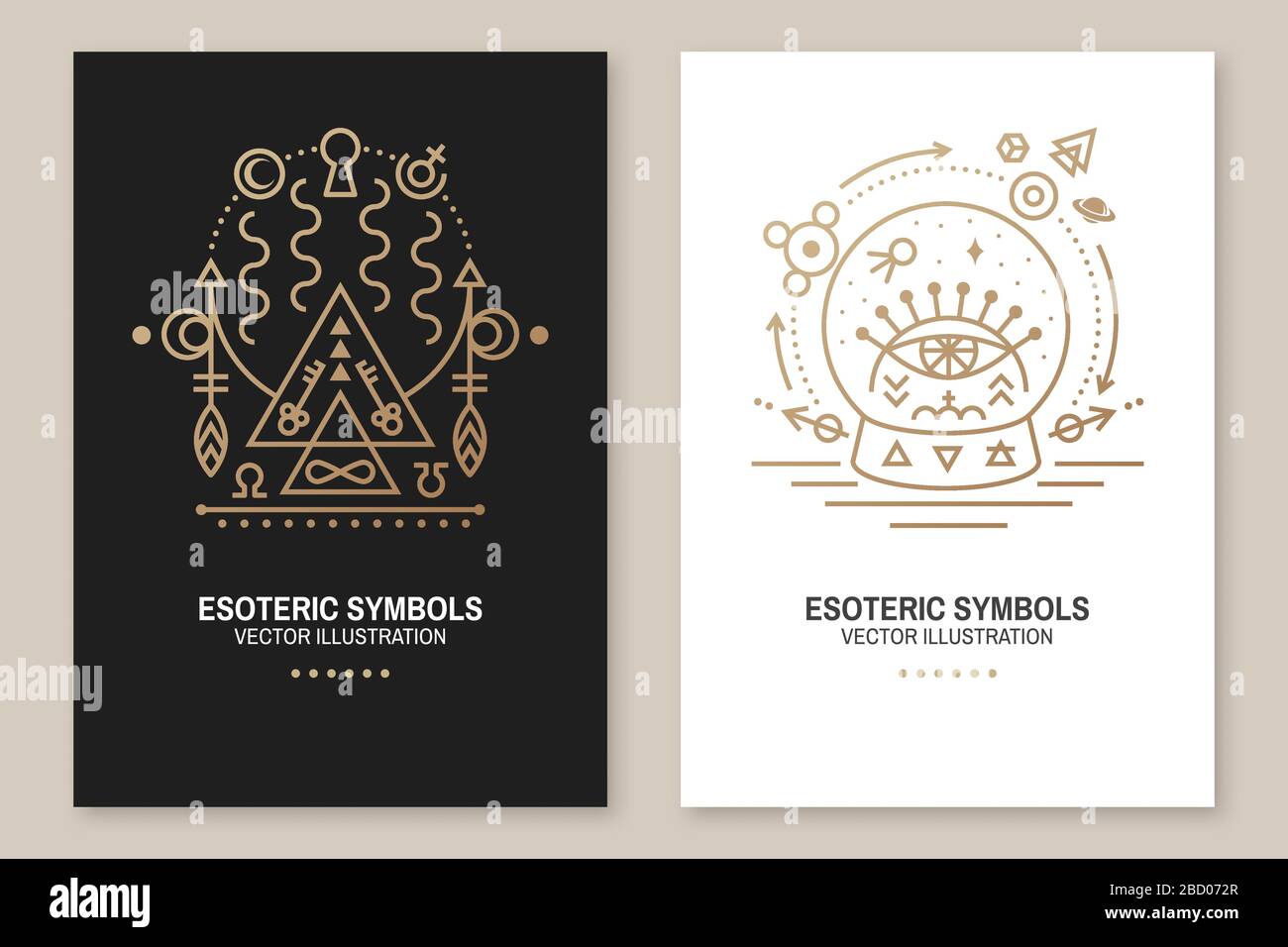 Poster des symboles ésotériques, dépliant. Vecteur. Écusson géométrique à fines lignes. Icône de contour pour l'alchimie, géométrie sacrée. Mystic, design magique avec portail à un autre monde et boule de verre avec tous les yeux Illustration de Vecteur