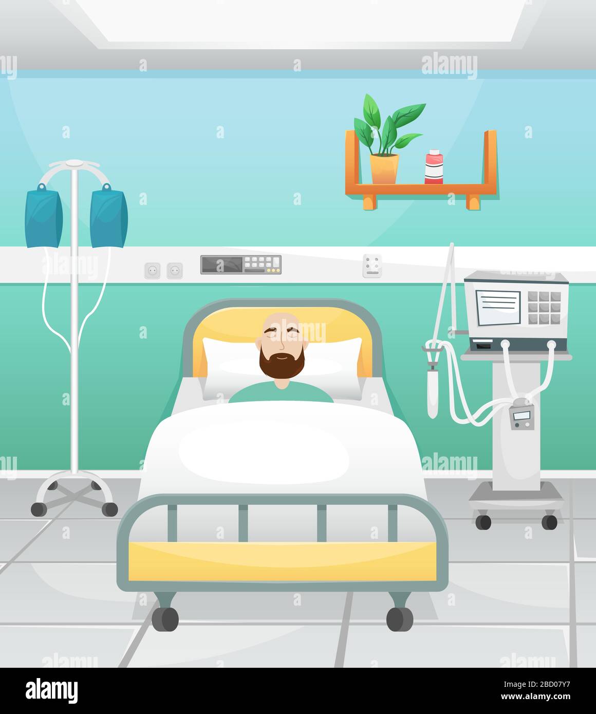 Une chambre d'hôpital avec un lit, une goutte d'eau et un ventilateur. Le patient est allongé dans le lit. Lutte contre le coronavirus dans les hôpitaux. Illustration de Vecteur