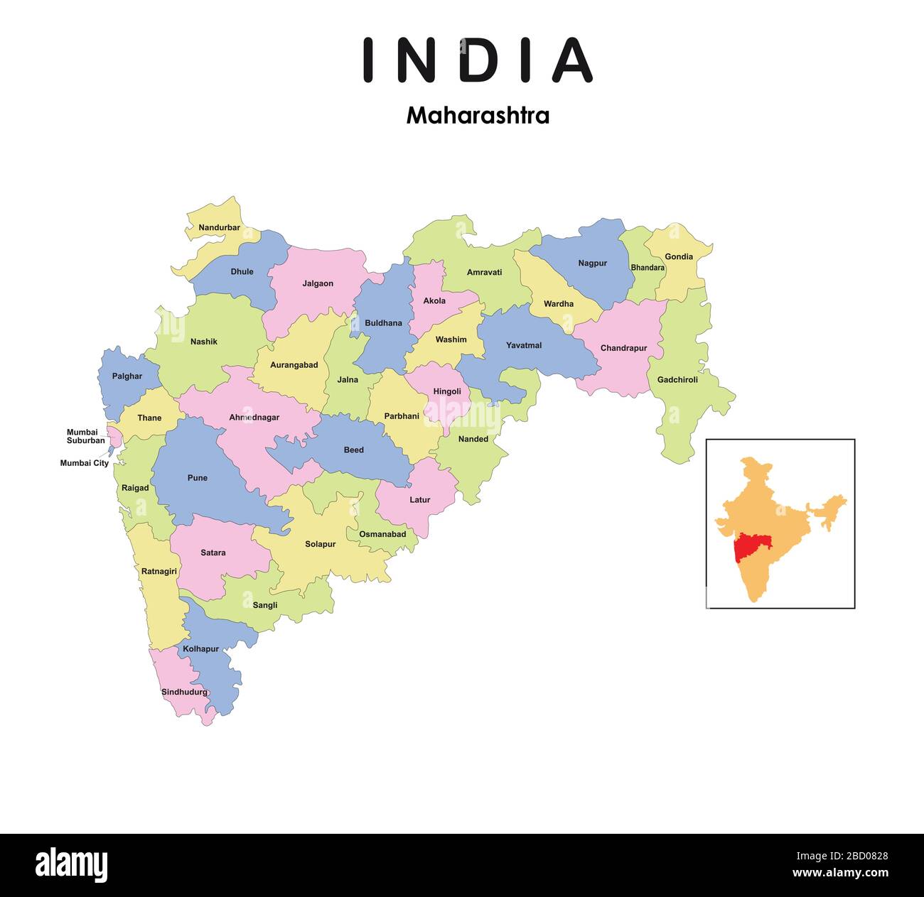 Maharashtra map 2019. Nouvelle carte des quartiers de Maharashtra. Illustration de Vecteur
