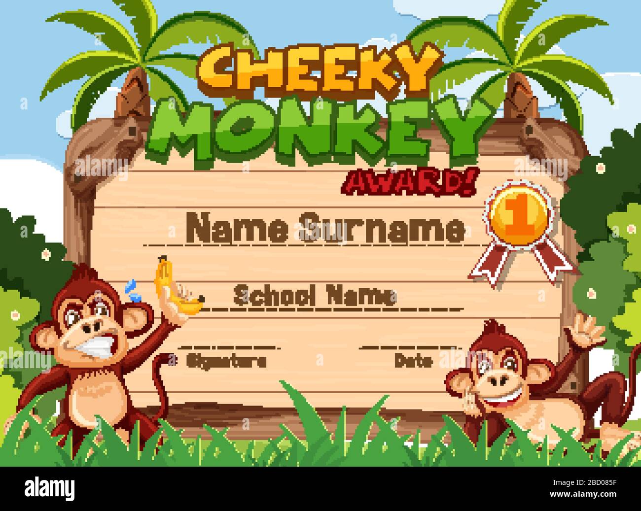 Modèle de certificat pour le prix Cheeky Monkey avec deux singes en arrière-plan illustration Illustration de Vecteur