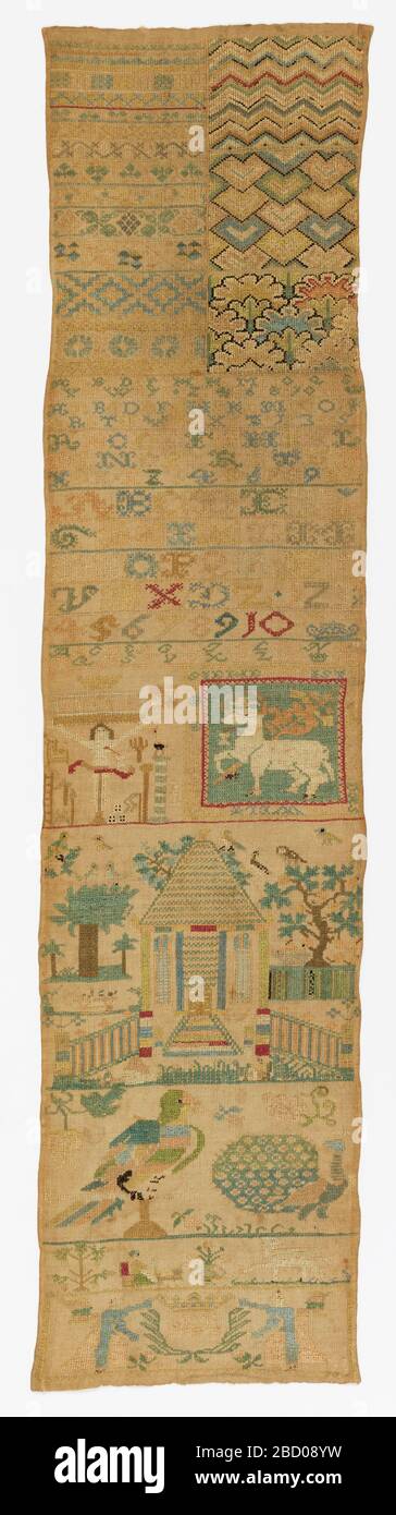 Echantillonneur. Recherche dans ProgressLong étroit rectangle avec bandes de motifs géométriques en haut, suivi par des motifs à pois et des motifs religieux, y compris la crucifixion et l'agneau de Dieu; près du bas une grande maison avec un chemin menant à lui. Echantillonneur Banque D'Images