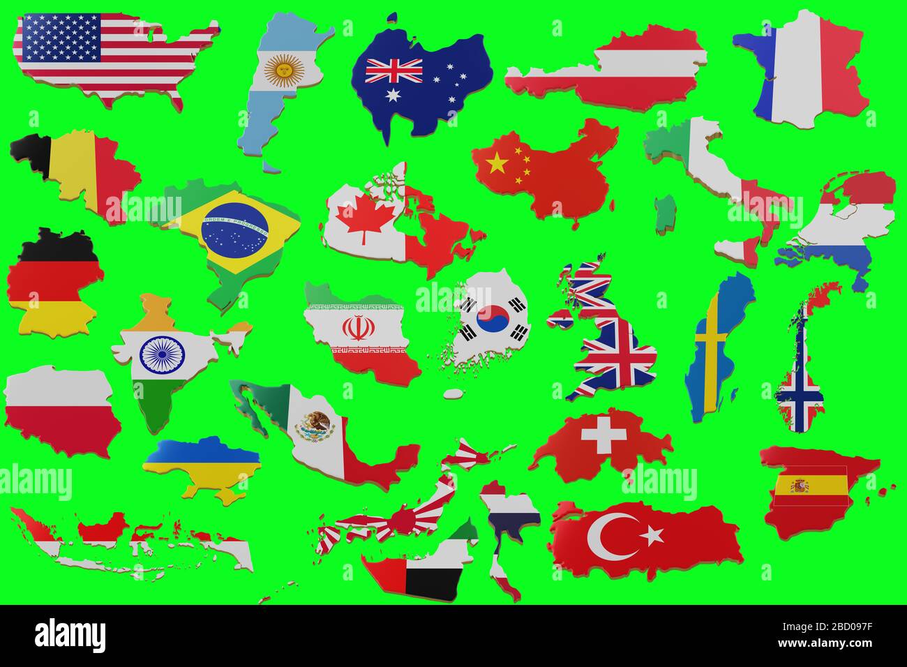 Définissez une carte tridimensionnelle avec de nombreux pays. Carte des pays frontaliers avec drapeau. Les pays sont en vert blanc. rendu tridimensionnel Banque D'Images