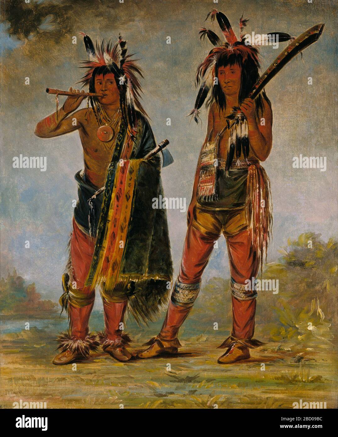 Deux jeunes hommes. George Catlin a décrit cette peinture comme « deux jeunes Menominee à pleine longueur, en belles robes. L’un avec son club de guerre dans sa main, et l’autre soufflant sur sa « flûte courante ». Il a probablement peint l'image à Prairie du chien ou Green Bay en 1835 ou 1836. Banque D'Images