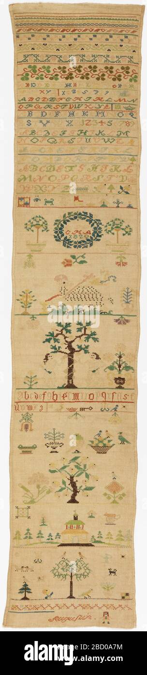 Echantillonneur. Recherche dans ProgressNarrow bandes de modèle en haut suivi par des lettres et des chiffres, des bandes plus larges en bas avec l'agneau de Dieu, Adam et Eve avec l'arbre de la connaissance, et des motifs de spot. Echantillonneur Banque D'Images